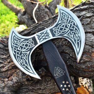 Custom Hand Forged Viking Double Edge Hunting Axe With Red Padook Wood Handal Custom Brass Work