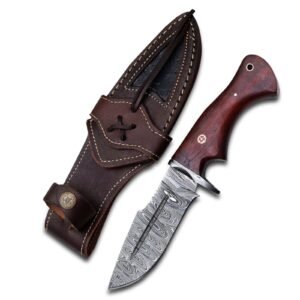 Custom Handmade Damascus Bobcat Knife with leather sheath damascus clip twist pattren handal material red padook overall