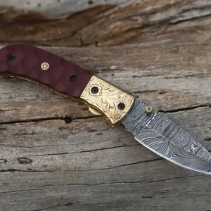Handmade Damascus Liner lock folding knife with Red Micarta Sheet Handle Pocket knife