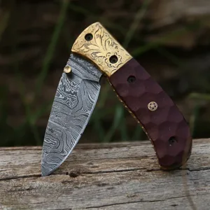 Handmade Damascus Liner lock folding knife with Red Micarta Sheet Handle Pocket knife