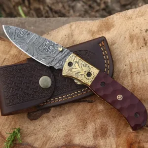 Handmade Damascus Liner lock folding knife with Red Micarta Sheet Handle Pocket knife