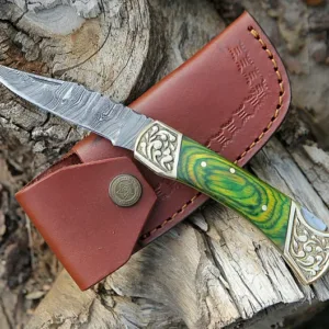 Handmade Damascus Pocket knife Green Dollar sheet Handle Birthday Gift Back Lock Folding knife Groomsmen Gift Personalized Men Gift For Men