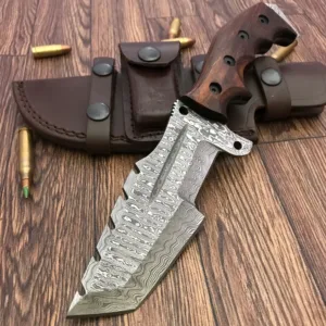 Handmade Damascus Steel Hunting Knife with Wooden Handle – 10.5” Overall | Tactical Survival Knife with Leather Sheath