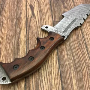 Handmade Damascus Steel Hunting Knife with Wooden Handle – 10.5” Overall | Tactical Survival Knife with Leather Sheath