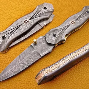 Custom Hand Forged Damascus knife with Damascus handle with Leather Cover Camping Hunting Folding Knife Liner lock
