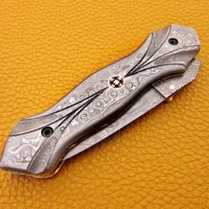 Custom Hand Forged Damascus knife with Damascus handle with Leather Cover Camping Hunting Folding Knife Liner lock