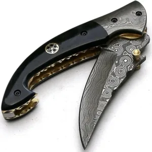 Custom Handmade Damascus Steel, Bone Handle, pocket knife, liner lock folding knife