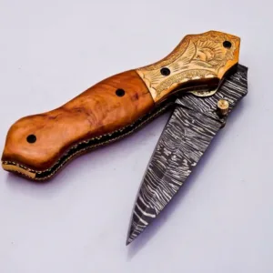 Custom Damascus Steel Folding Knife Pocket Knife Handle Made with Olive Wood Best Gift with for Father's Leather Sheath