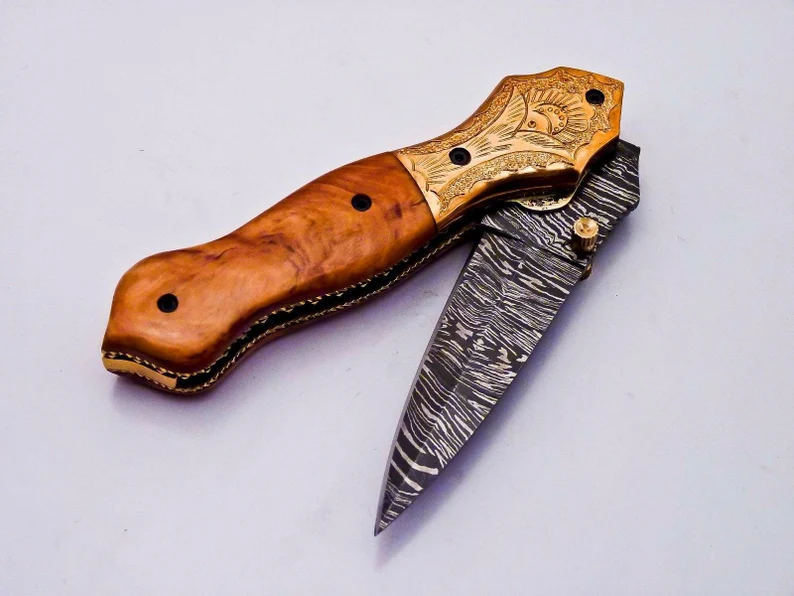 Custom Damascus Steel Folding Knife Pocket Knife Handle Made with Olive Wood Best Gift with for Father’s Leather Sheath Custom Damascus Steel Folding Knife Pocket Knife Handle Made with Olive Wood Best Gift with for Father's Leather Sheath