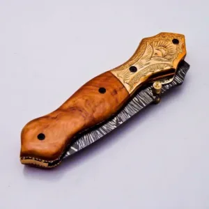 Custom Damascus Steel Folding Knife Pocket Knife Handle Made with Olive Wood Best Gift with for Father's Leather Sheath
