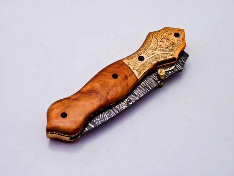 Custom Damascus Steel Folding Knife Pocket Knife Handle Made with Olive Wood Best Gift with for Father’s Leather Sheath Custom Damascus Steel Folding Knife Pocket Knife Handle Made with Olive Wood Best Gift with for Father's Leather Sheath