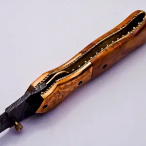 Custom Damascus Steel Folding Knife Pocket Knife Handle Made with Olive Wood Best Gift with for Father's Leather Sheath