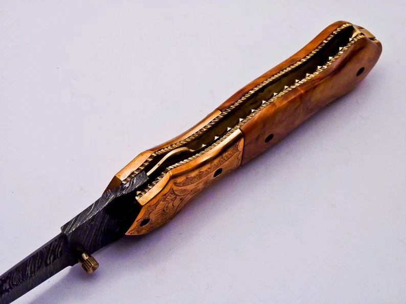 Custom Damascus Steel Folding Knife Pocket Knife Handle Made with Olive Wood Best Gift with for Father’s Leather Sheath Custom Damascus Steel Folding Knife Pocket Knife Handle Made with Olive Wood Best Gift with for Father's Leather Sheath
