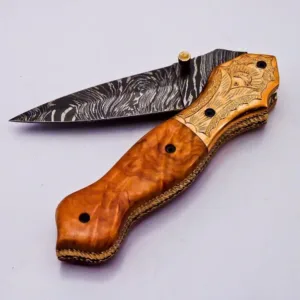 Custom Damascus Steel Folding Knife Pocket Knife Handle Made with Olive Wood Best Gift with for Father's Leather Sheath
