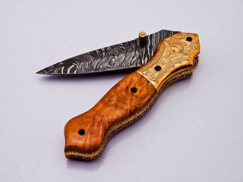 Custom Damascus Steel Folding Knife Pocket Knife Handle Made with Olive Wood Best Gift with for Father’s Leather Sheath Custom Damascus Steel Folding Knife Pocket Knife Handle Made with Olive Wood Best Gift with for Father's Leather Sheath