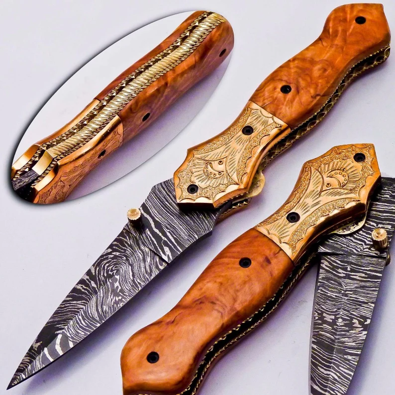 Custom Damascus Steel Folding Knife Pocket Knife Handle Made with Olive Wood Best Gift with for Father's Leather Sheath Custom Damascus Steel Folding Knife Pocket Knife Handle Made with Olive Wood Best Gift with for Father's Leather Sheath