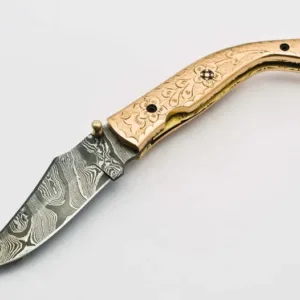 Custom Damascus Steel Folding Knife Pocket Knife Handle Made with Copper Best Gift with for Father's Leather Sheath