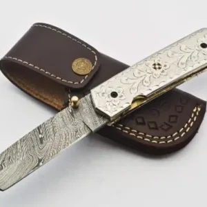 Personalized Custom Damascus Steel Folding Knife Pocket Knife Handle Made with Yellow Brass Best Gift with for Father's Leather Sheath