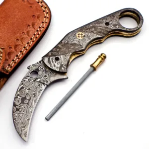 Custom Damascus Steel Karambit Folding Knife Pocket Knife Handle Made with Damascus Best Gift with for Father's Leather Sheath