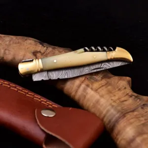 Handmade Damascus Pocket Knife - Corkscrew Folding Knife - Folding Blade EDC Knife for Outdoors & Camping