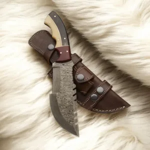 Damascus Steel Camel Bone Tracker Knife With Leather Sheath , Hand Forged Tracker Outdoor EDC Knife