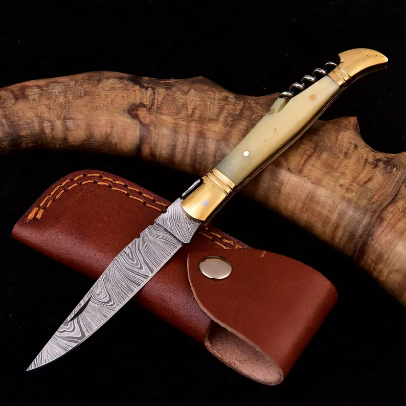Handmade Damascus Pocket Knife - Corkscrew Folding Knife - Folding Blade EDC Knife for Outdoors & Camping Handmade Damascus Pocket Knife - Corkscrew Folding Knife - Folding Blade EDC Knife for Outdoors & Camping