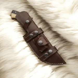 Damascus Steel Camel Bone Tracker Knife With Leather Sheath , Hand Forged Tracker Outdoor EDC Knife