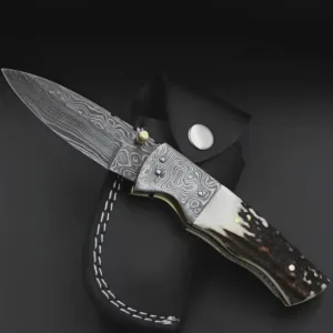 Hand Made Folding Knife , Hand Forged Damascus Steel Pocket Knife With Leather Sheath