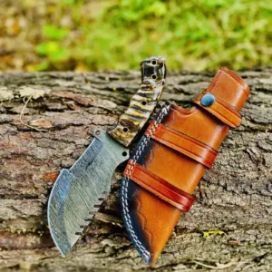 Handmade Damascus Steel Hunting Knife with Wooden Handle – 10.5” Overall | Tactical Survival Knife with Leather Sheath