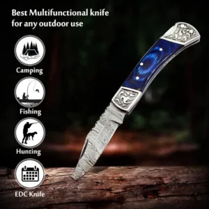 Handmade Damascus Pocket Knife for Men - 7.2 Inches Engraved Steel Damascus Folding Pocket Knife with Belt Holster - Back Lock & EDC Knife