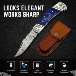 Handmade Damascus Pocket Knife for Men - 7.2 Inches Engraved Steel Damascus Folding Pocket Knife with Belt Holster - Back Lock & EDC Knife