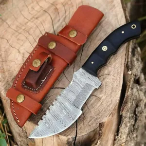 Custom Handmade Damascus Steel Hunting Tracker Knife with Horizontal and Scout Carry Leather Sheath