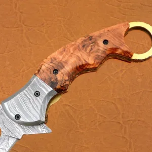 Damascus Karambit Folding Knife, 8.5" Damascus Steel Bolster Point Blade, Olive Wood, Pocket Knife, Razor Sharp
