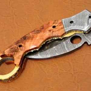 Damascus Karambit Folding Knife, 8.5" Damascus Steel Bolster Point Blade, Olive Wood, Pocket Knife, Razor Sharp