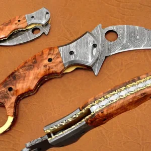 Damascus Karambit Folding Knife, 8.5" Damascus Steel Bolster Point Blade, Olive Wood, Pocket Knife, Razor Sharp