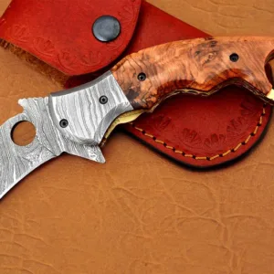 Damascus Karambit Folding Knife, 8.5" Damascus Steel Bolster Point Blade, Olive Wood, Pocket Knife, Razor Sharp