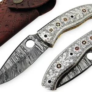 9''Inches Damascus Steel Folding Knife with Leather Sheath, Totally Handmade Engraved Brass Handle, Pocket knife, Best Gift