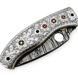9''Inches Damascus Steel Folding Knife with Leather Sheath, Totally Handmade Engraved Brass Handle, Pocket knife, Best Gift
