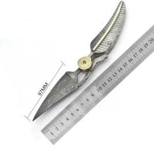 Handmade Damascus Steel Folding Knife with Feather Look and Bronze Accents