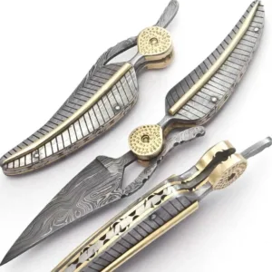 Handmade Damascus Steel Folding Knife with Feather Look and Bronze Accents