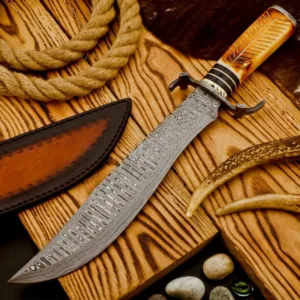 5" Rare Custom Handmade Damascus Steel Hunting Bowie Knife W/ Leather Sheath