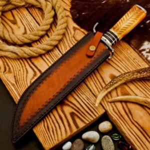 5" Rare Custom Handmade Damascus Steel Hunting Bowie Knife W/ Leather Sheath