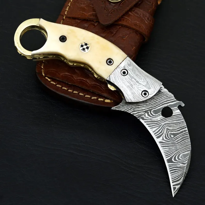 Handmade Damascus Steel Karambit Folding Knife: Camel Bone Handle, Leather Sheath
