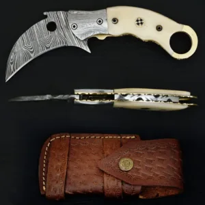 Handmade Damascus Steel Karambit Folding Knife: Camel Bone Handle, Leather Sheath