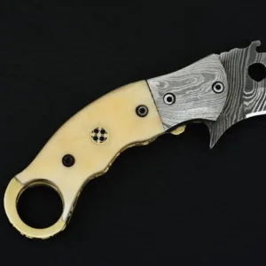 Handmade Damascus Steel Karambit Folding Knife: Camel Bone Handle, Leather Sheath