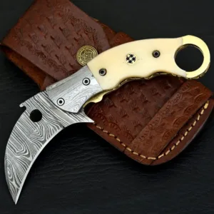 Handmade Damascus Steel Karambit Folding Knife: Camel Bone Handle, Leather Sheath