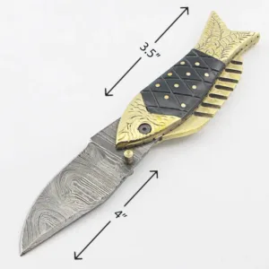 Handmade Fish-Style Damascus Steel Folding Knife Perfect for Skinning, Hunting, Outdoor Camping, and Groomsmen Gift