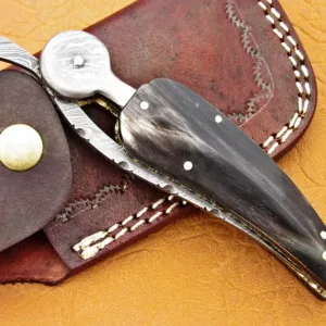 Damascus Leaf Folding Knife, 7.0" Damascus Steel Bolster Point Blade, Buffalo Horn Handle, Pocket Knife, Razor Sharp,