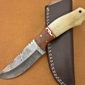 Damascus Hunting Knife, Damascus Steel Classic Skinner Knife, 8", Walnut Wood, Camel Bone Handle, Fixed Blade, Full Tang