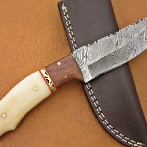 Damascus Hunting Knife, Damascus Steel Classic Skinner Knife, 8", Walnut Wood, Camel Bone Handle, Fixed Blade, Full Tang